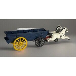 Vintage -Die cast Horse Drawn Cart -Blue Hay Wagon and White Horse Team
